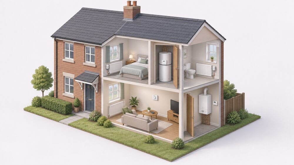 A cutaway of a small semi-detached house showing a boiler with a programmer beside it indoors, a room thermostat on an interior wall of the living room, TRV heads on the radiators in other rooms, and a cylinder thermostat strapped to the hot water cylinder in the airing cupboard.