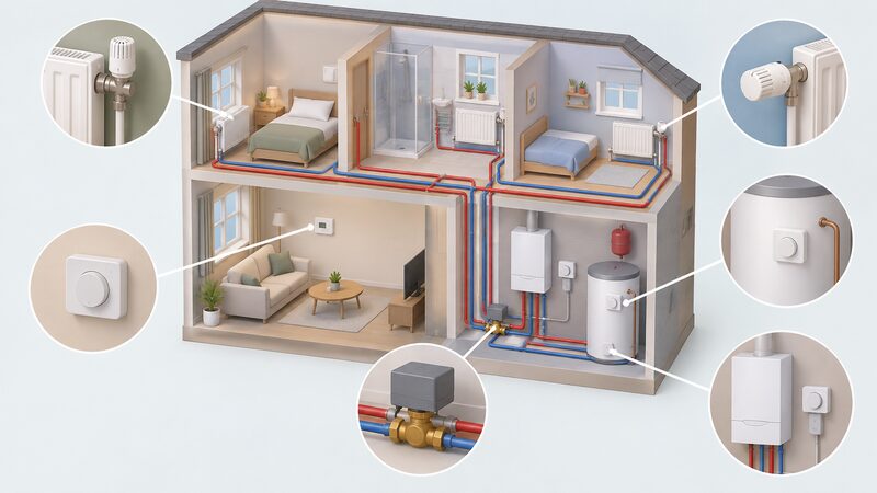 A cutaway diagram of a conventional wet central heating system showing a boiler with a programmer beside it, a wall-mounted room thermostat in a living space, TRVs fitted on radiators in other rooms, and a cylinder thermostat on the hot water cylinder, all connected by pipework.