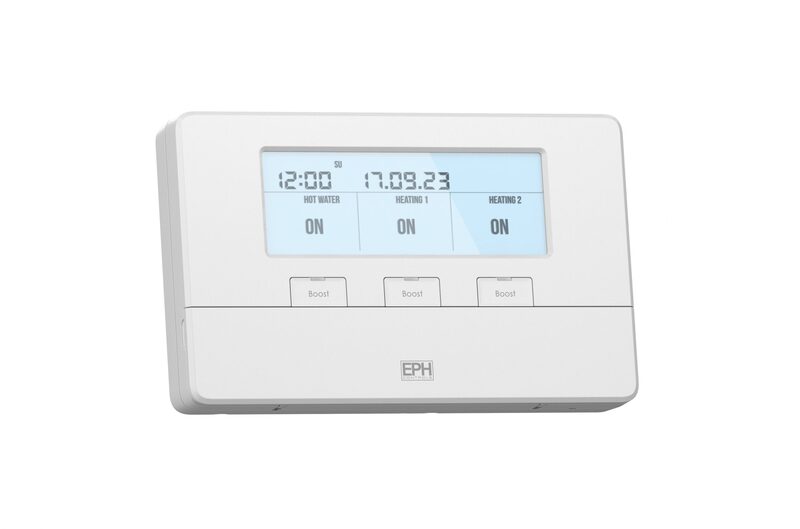 A white EPH hardwired heating programmer with an LCD showing time, date and on/off status for hot water and two heating zones