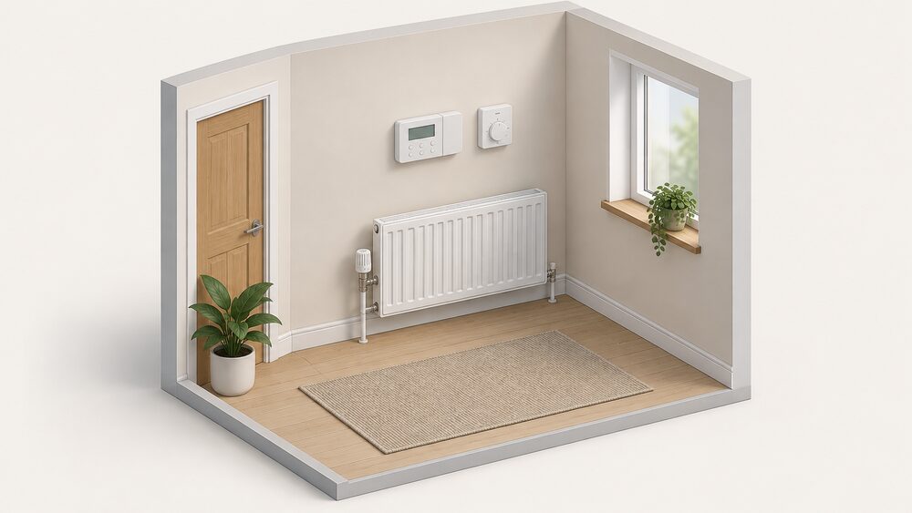 A wall in a home showing the full set of heating controls: a twin-channel programmer mounted on its backplate at the centre, a room thermostat on the same wall beside it, and a radiator with a thermostatic radiator valve at its inlet, all indoors.
