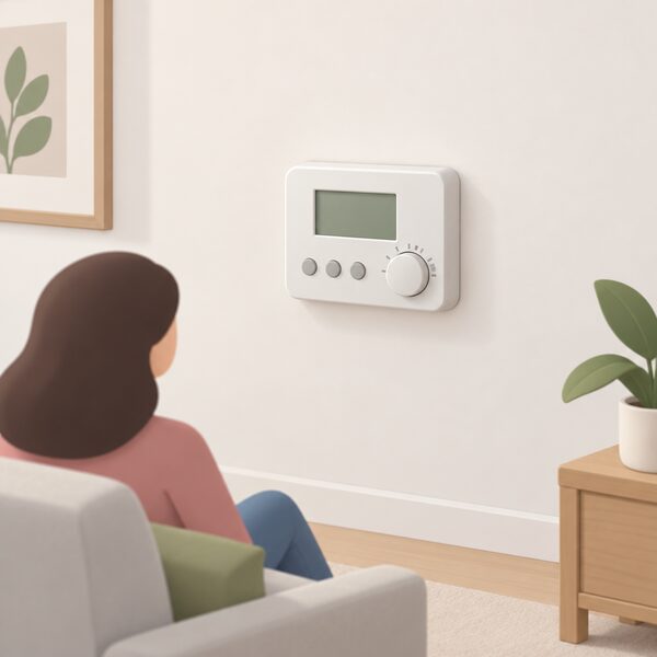 A single wall-mounted programmable room thermostat on an indoor wall of a simply drawn room, combining time and temperature controls in one unit, with no separate programmer or thermostat nearby.
