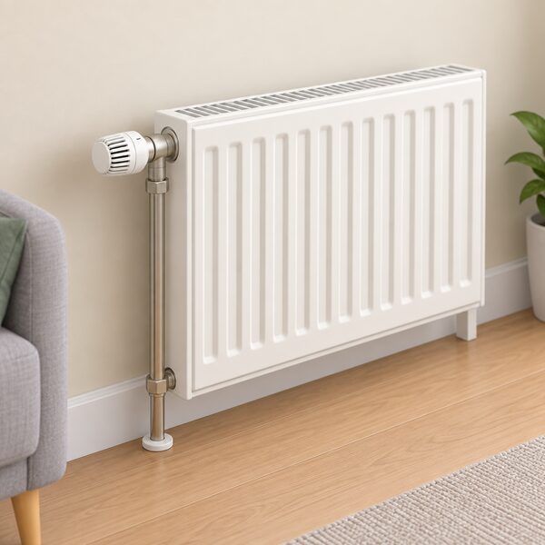 A thermostatic radiator valve fitted to the flow connection at one end of a household radiator in a room, shown in a simple cutaway interior with a plain wall and floor, the valve head clearly a TRV with its sensing dial, no other controls in the scene.