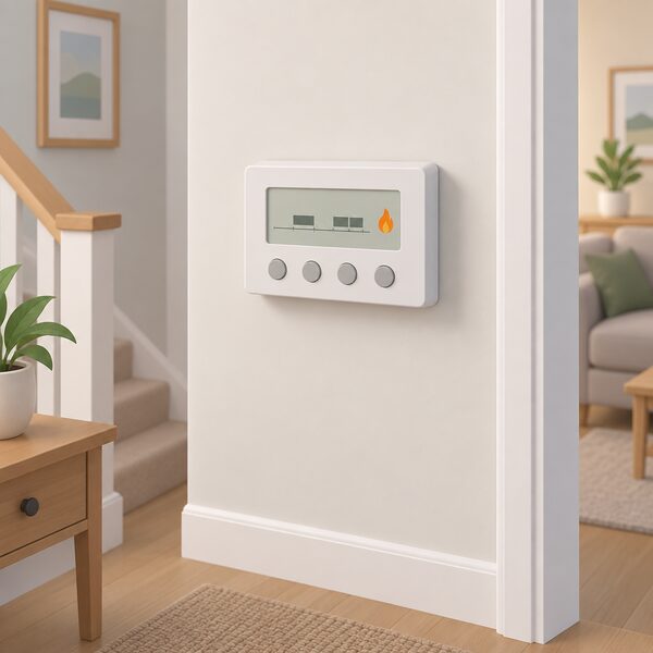 A wall-mounted heating programmer in a home hallway, shown as a simple box on the wall with a plain display and buttons, running on its fixed schedule while the room around it stays mild, with no thermostat or sensor anywhere in the scene.