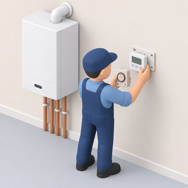 A heating engineer, shown as a simplified isometric figure, swaps an old time switch for a new programmer on the same wall-mounted backplate beside a boiler, holding the old unit in one hand while seating the new one on the plate.