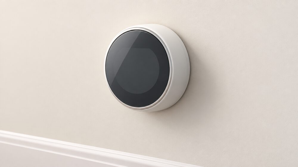 A close-up of a programmable room thermostat mounted on an interior wall of a home, shown as a simple blank-faced control dial and display with no words or numbers, with a plain wall and a hint of skirting board behind it and nothing else in the frame.