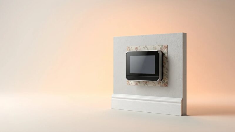 A black smart thermostat with a screen mounted on a small section of wallpapered wall above a skirting board