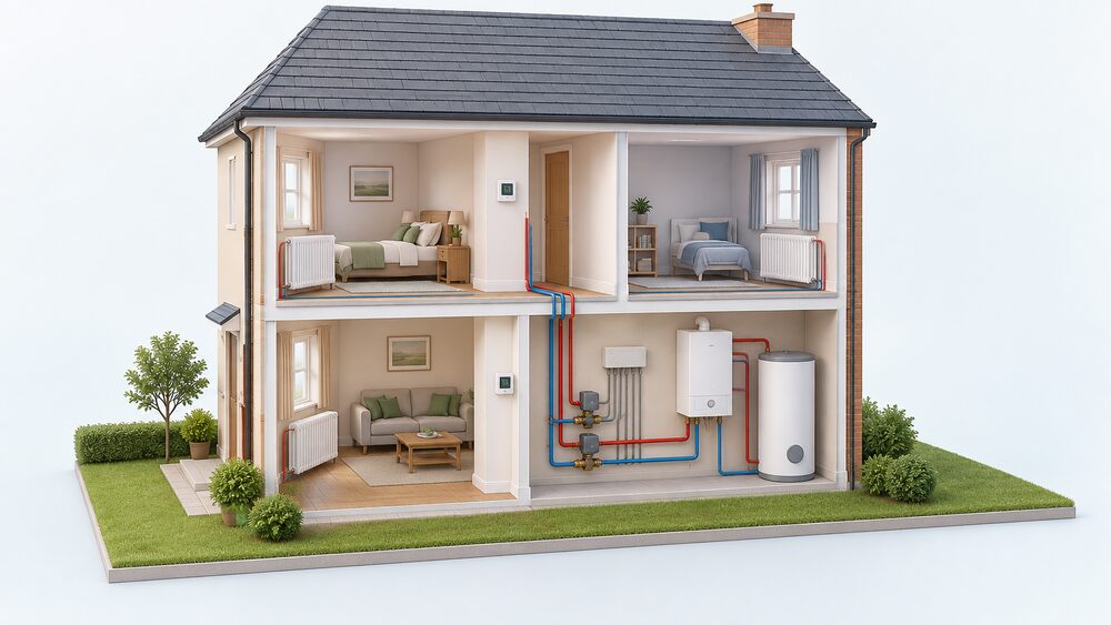 A cutaway two-storey house showing two heating zones: a wall thermostat on the ground floor and another upstairs, each connected to its own motorised zone valve on pipework near the boiler, with a multi-zone wiring centre joining the circuits.