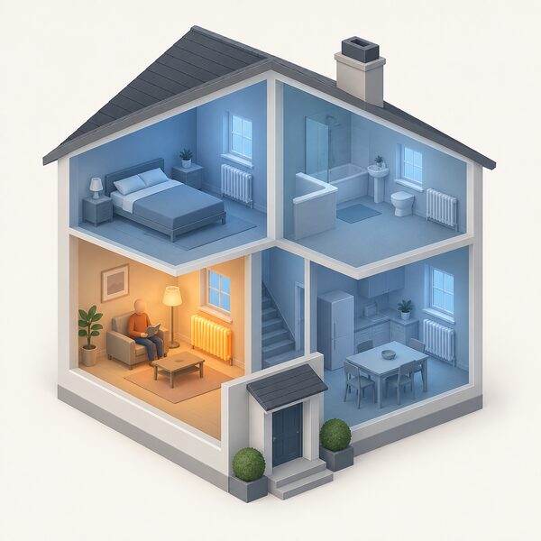A cutaway view of a small house in which one living room is warm, with a radiator glowing gently and a person seated beside it, while the other rooms are shown in cool blue tones with cold, unheated radiators.
