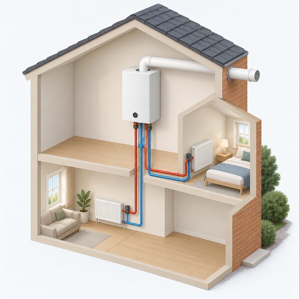 A wall-mounted gas boiler indoors with its horizontal flue passing through the outside wall, shown as the central appliance of a zoned heating system with flow and return pipes leading to two separate heating circuits.