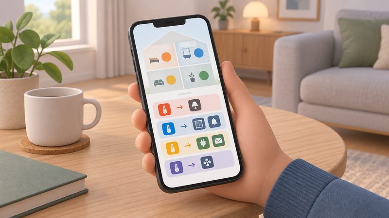 A hand holding a smartphone showing the Heatmiser app with a zone temperature display beside a list of IFTTT applets, each pairing a temperature trigger with one or more actions, drawn as a physical phone on a home table.