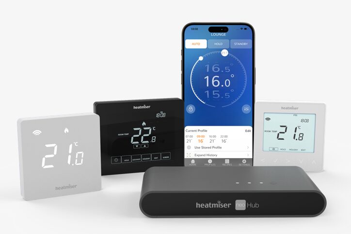 A product line-up of Heatmiser NeoStat smart thermostats in white, black and silver alongside a NeoHub and a smartphone showing the control app