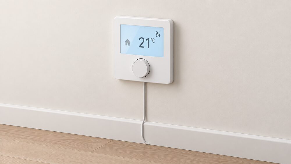 A Heatmiser neoStat wall thermostat mounted on a plain interior wall, shown close up as a slim rectangular control face with a screen and dial, with a thin floor sensor cable running from its base toward the floor, and nothing else in the frame.
