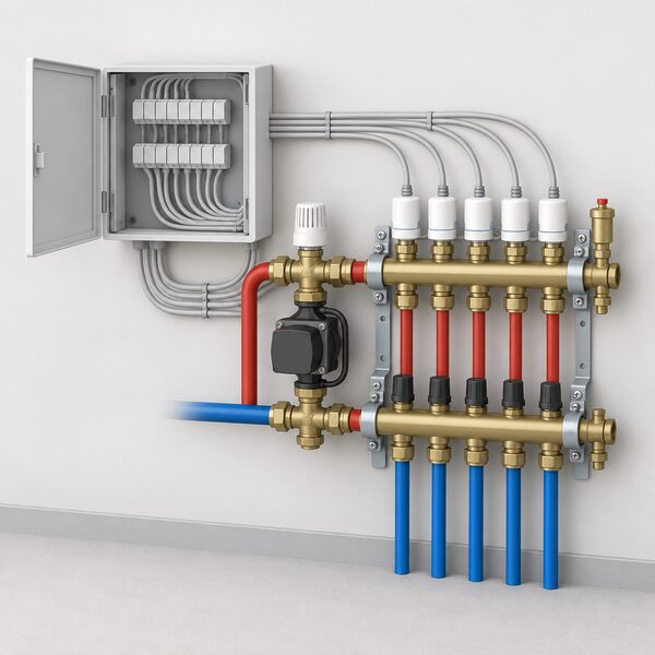 A wall-mounted wet underfloor heating manifold with flow and return pipes and valve actuators, with a rectangular wiring centre box mounted beside it, its door open showing rows of blank terminal blocks and connecting cable looms running between the two.