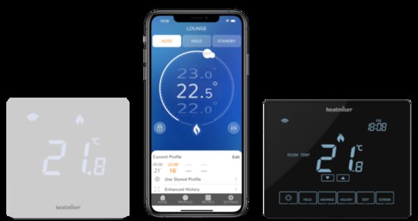 Two Heatmiser smart thermostats (NeoStat Pro and Touch) shown alongside a smartphone running the NeoPro app
