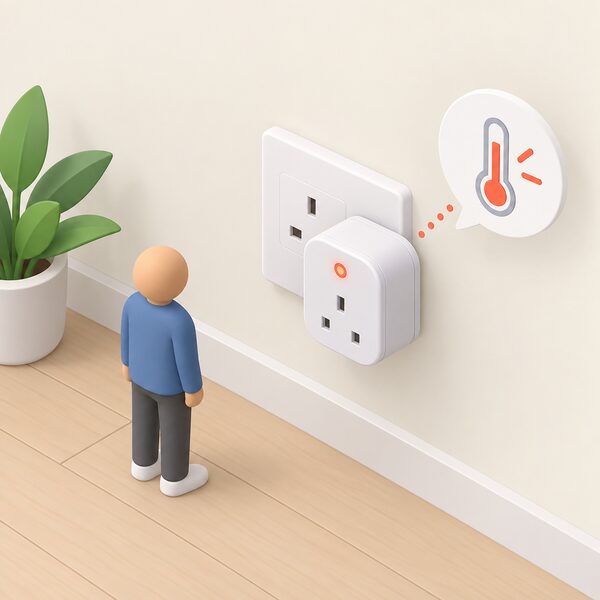 A small isometric figure stands beside an interior wall where a smart plug is switched into a standard household socket, with a simple indicator on the plug showing it has been switched on or off by a temperature alert.