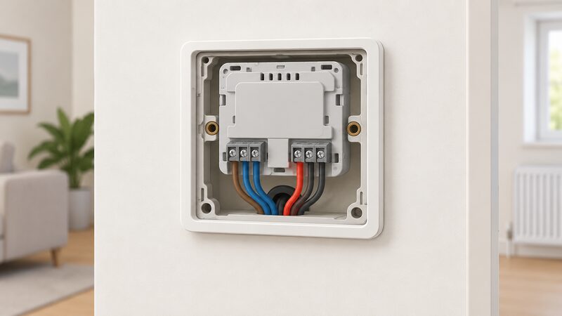 A wall-mounted iQ MD2 thermostat recessed into the wall with its front cover removed, exposing the wiring terminals where the mains circuit and heater connections enter from behind.