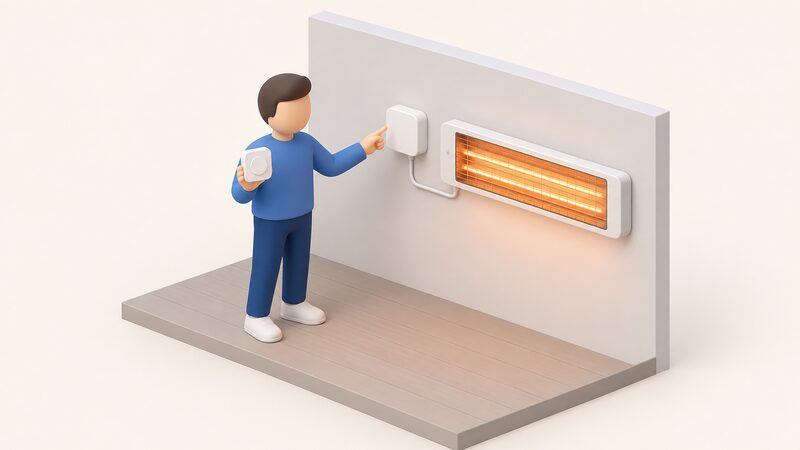 A small simplified isometric figure holds a compact white wireless thermostat in one hand while the other hand points to its matching white receiver unit mounted on the wall beside an infrared heater, with a visible cable running from the receiver into the heater circuit and no wire linking thermostat to receiver.