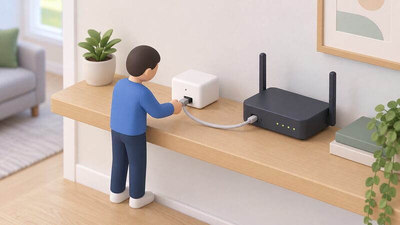 A small Hive hub on a shelf beside a home broadband router, connected by a short cable, with a simplified isometric figure plugging the cable in, showing how the hub links the thermostat to the broadband router.