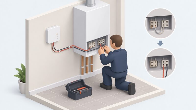 A small wall-mounted Hive receiver beside a wall-hung boiler, its two wires running into the boiler's wiring centre where the old thermostat connection was removed, shown in a cutaway utility room with a simplified isometric engineer figure connecting the terminals.