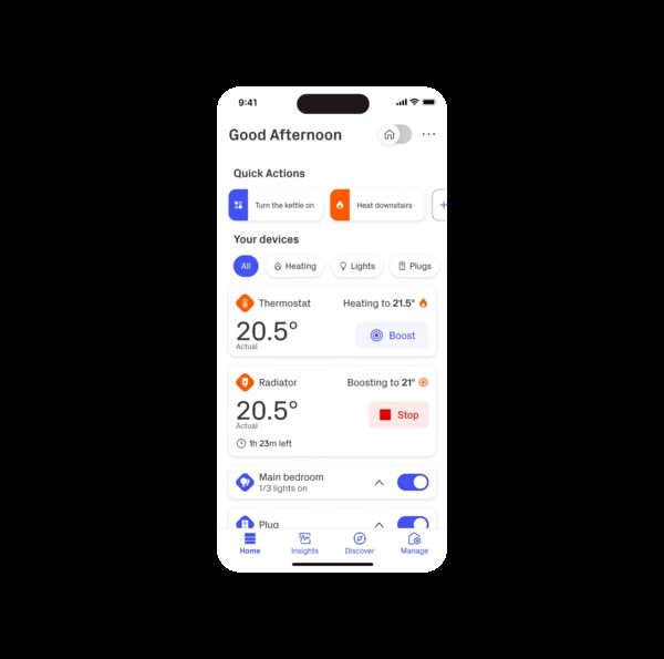 A screenshot of the Hive smart home app showing thermostat and radiator heating controls at 20.5°C