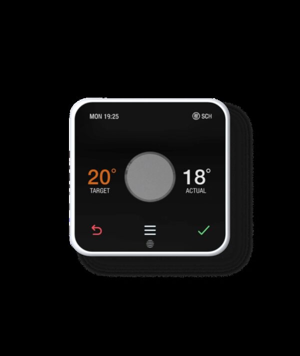 A Hive smart thermostat with a black square face showing target temperature 20°C and actual 18°C