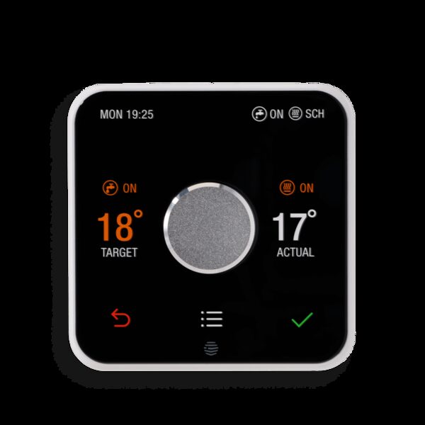 A Hive smart thermostat with a black square face showing target 18° and actual 17° temperatures
