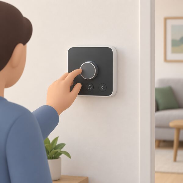 A simple interior wall in a home with a Hive thermostat mounted at hand height, its face showing plain manual control elements such as a dial and buttons, with no phone or other devices in the scene.