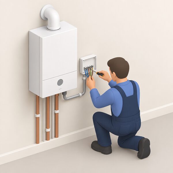 A small isometric engineer figure kneels beside a wall-mounted boiler, wiring the Hive thermostat receiver box into the heating system connections next to it, with a screwdriver in hand and open wiring terminals visible.