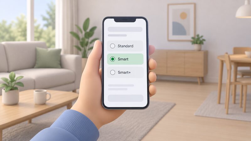 A hand holding a smartphone in a home interior, the screen showing a simple mode-selection menu with three plain selectable option rows for Standard, Smart and Smart+, one highlighted as the current choice.