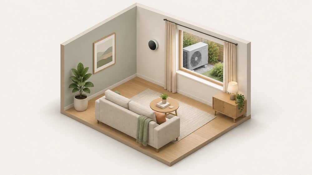 A wall-mounted smart thermostat on an interior wall of a home, with the heat pump's outdoor fan unit visible through a window in the same room, connected as a control layer above the heat pump's own controls.