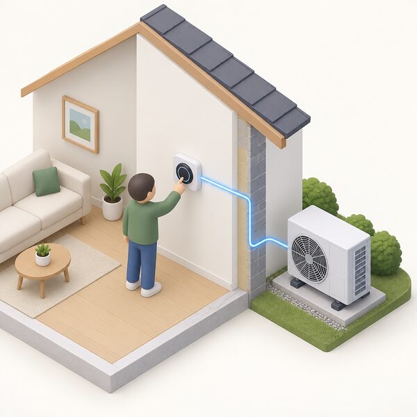 A small wall-mounted smart thermostat indoors, shown in cutaway so a line runs from it through the wall to the outdoor heat pump unit it schedules, with a simplified isometric figure adjusting the controller.