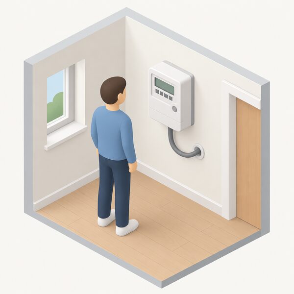 A smart electricity meter mounted on an inside wall of a home, shown as a neat wall-mounted unit with its display screen, connected by a cable running into the wall, with a simplified isometric figure standing beside it looking at the meter.