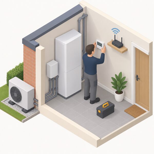 A competent installer in plain work clothing, shown as a simplified isometric figure, fits the Homely heating controller onto an inside wall of a UK home beside the connected heat pump system, with a WiFi router visible nearby to show the wireless connection requirement.