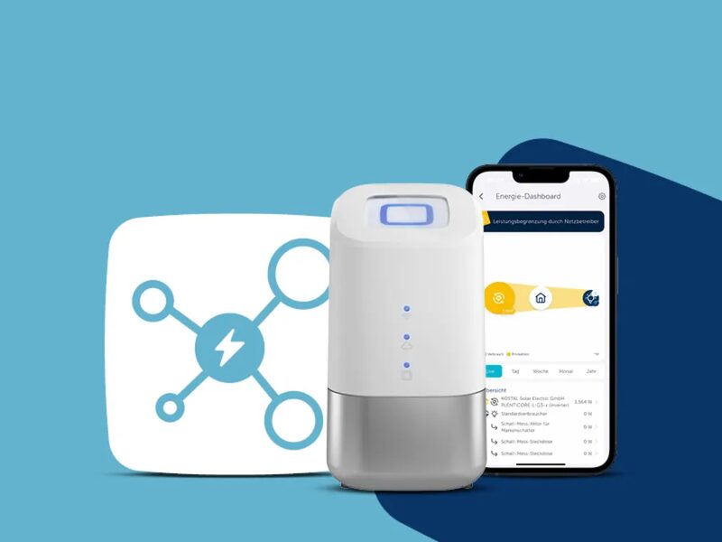 A Homematic IP smart home hub (Access Point) beside a smartphone showing an energy dashboard app and a network icon graphic