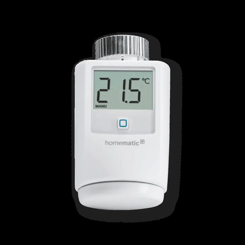 A Homematic IP smart thermostatic radiator valve head with a digital display reading 21.5°C