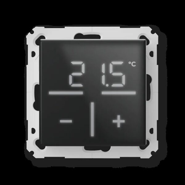 A black Homematic IP glass wall thermostat displaying 21.5°C with plus and minus controls, shown on a white mounting frame