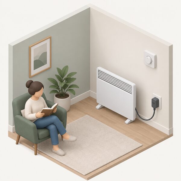 A room corner with an anthracite pluggable switch plugged into a wall socket, its lead running to a freestanding electric panel heater, with a wall thermostat mounted nearby on the interior wall.