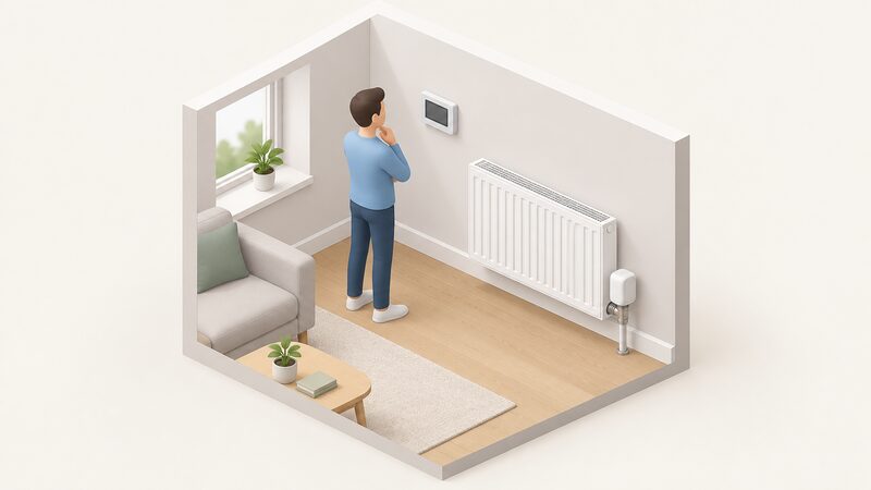 An interior wall with a wall-mounted evohome controller, and beside it a radiator whose existing valve body carries a new wireless evohome valve head, shown as a simple isometric room corner with a small figure glancing at the controller.