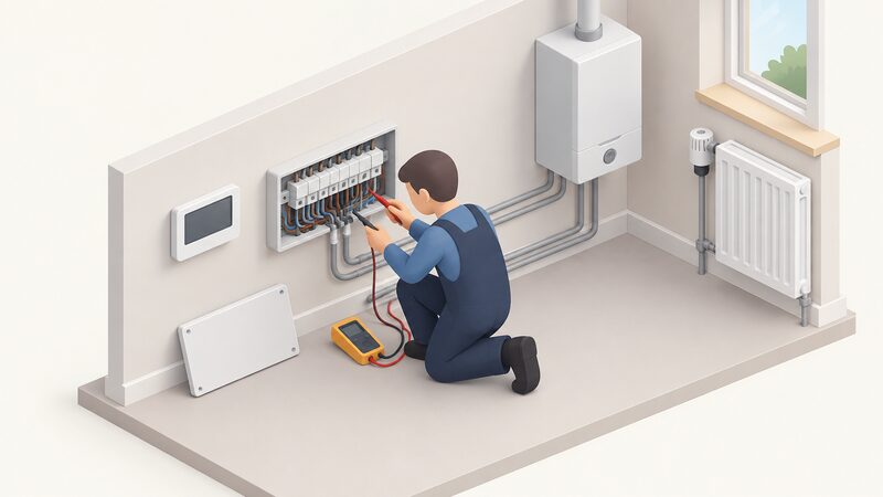 A heating engineer kneels beside an evohome wall controller with the wiring centre's cover removed beside it, testing connections that run to the boiler, with a radiator valve head visible in the background.