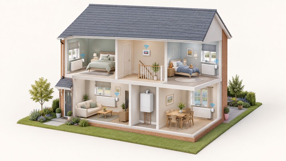 A cutaway two-storey house showing a wall-mounted evohome controller on the landing wall, with wireless radiator valve heads on radiators in several separate rooms, each room shown as its own zone, and a boiler connected in the background.