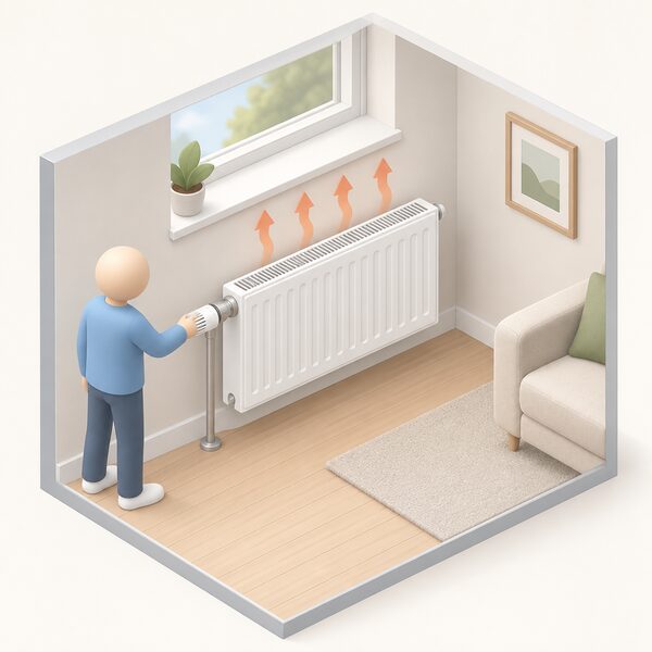 A thermostatic radiator valve fitted at the inlet side of a panel radiator on an interior wall of a home room, shown in cutaway isometric view with a simplified figure adjusting the valve head, the radiator giving warmth to that one room at its own temperature.