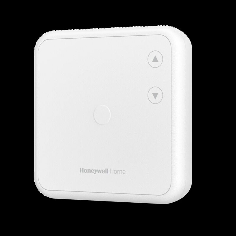 A white Honeywell Home DT3R wireless thermostat with up and down buttons on a plain background