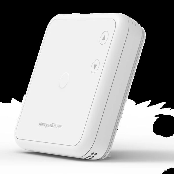 A white Honeywell Home DT3R wireless thermostat shown at an angle on a plain background