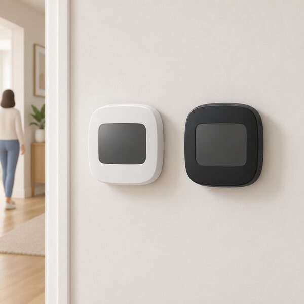 A light hallway wall with two identical wireless thermostats mounted side by side, one in white and one in black, each a simple rounded wall unit with a plain display, showing the two colour variants of the same model.