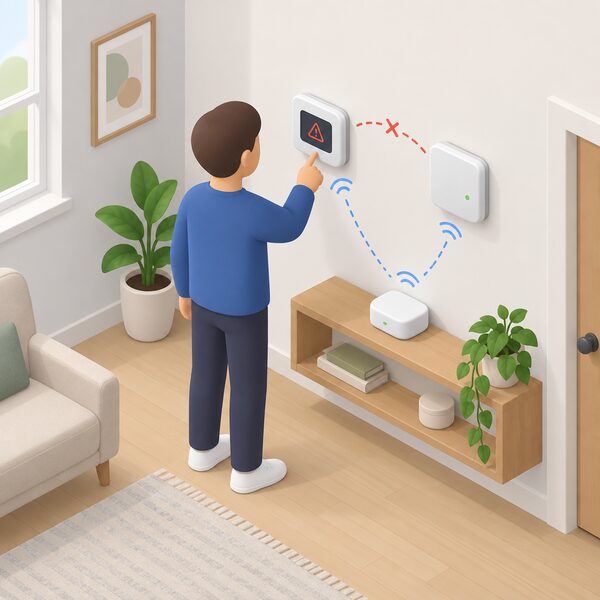A simplified isometric figure stands in a home room checking a wireless thermostat mounted on the wall, with the matching receiver box on the wall nearby and a hub on a shelf below, all shown as connected by plain signal lines during a connection fault check.