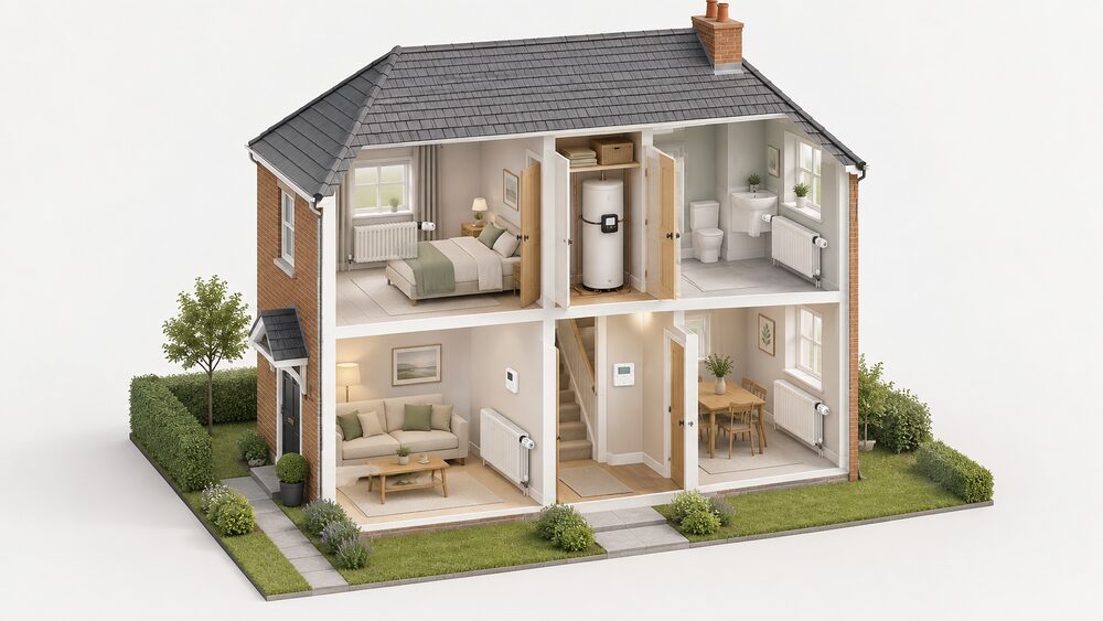 A cutaway of a small UK house showing a wall thermostat on the living room wall, a programmer in the hallway, TRVs on the radiators, and a cylinder thermostat strapped to the hot water cylinder in the airing cupboard.