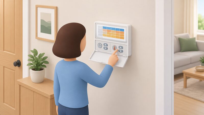 A small isometric figure stands at a wall-mounted programmer with its hinged front flap open, pressing the time and temperature buttons beneath a weekly schedule display shown as plain colour blocks, with blank line slots for the periods.