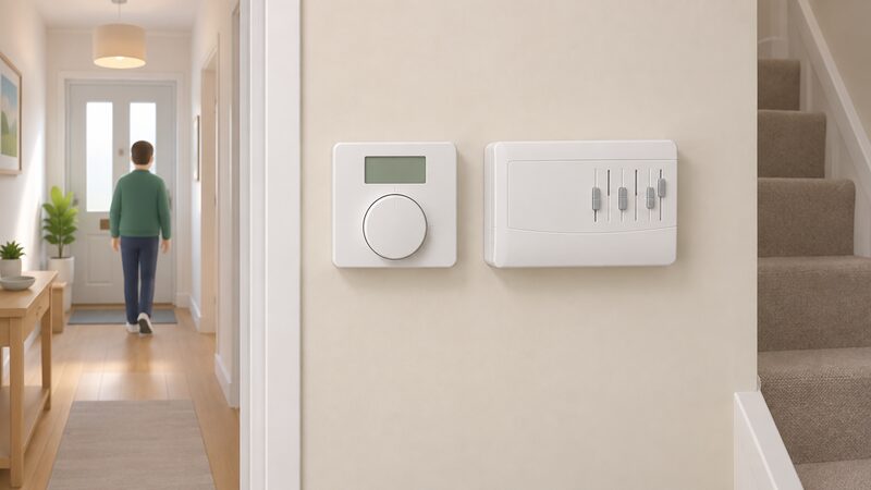 A hallway wall in a UK home carrying a round-dial room thermostat with a small LCD display, mounted beside a separate rectangular programmer with slider switches, both wired simply into the wall with no other equipment shown.