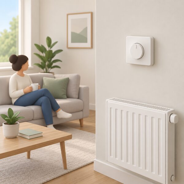 A plain, unbranded room thermostat mounted at hand height on an interior wall of a simply drawn living space, with a sofa and radiator below to show it sensing room warmth, drawn as an everyday control with a plain dial or slider and no markings.