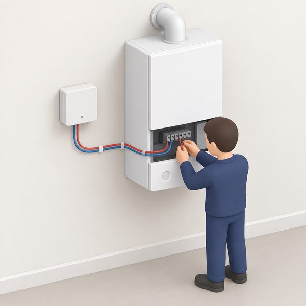 A small wireless receiver box mounted on the wall beside a domestic boiler, its low-voltage control wires running from the receiver into the boiler's control terminal connections, with a simplified isometric figure connecting the final wire.